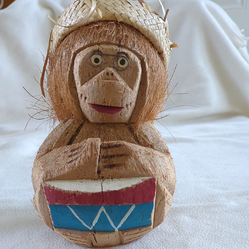 Coconut Monkey. Hand Carved. Whimsical
